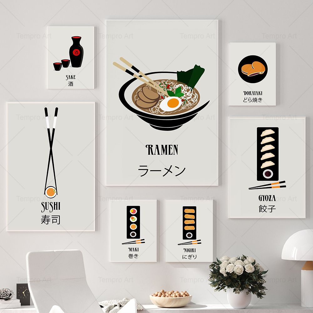 Vintage Ramen Gyoza Sushi Maki Nigiri Sake Dorayaki Nghệ Thuật Treo Tường Tranh Canvas Thực Phẩm Nhậ