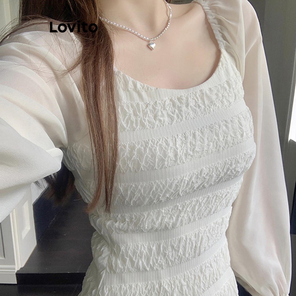 Lovito Đầm cổ vuông diềm xếp nếp bằng vải trơn thông thường cho nữ LNE33143 (Màu trắng ngà)