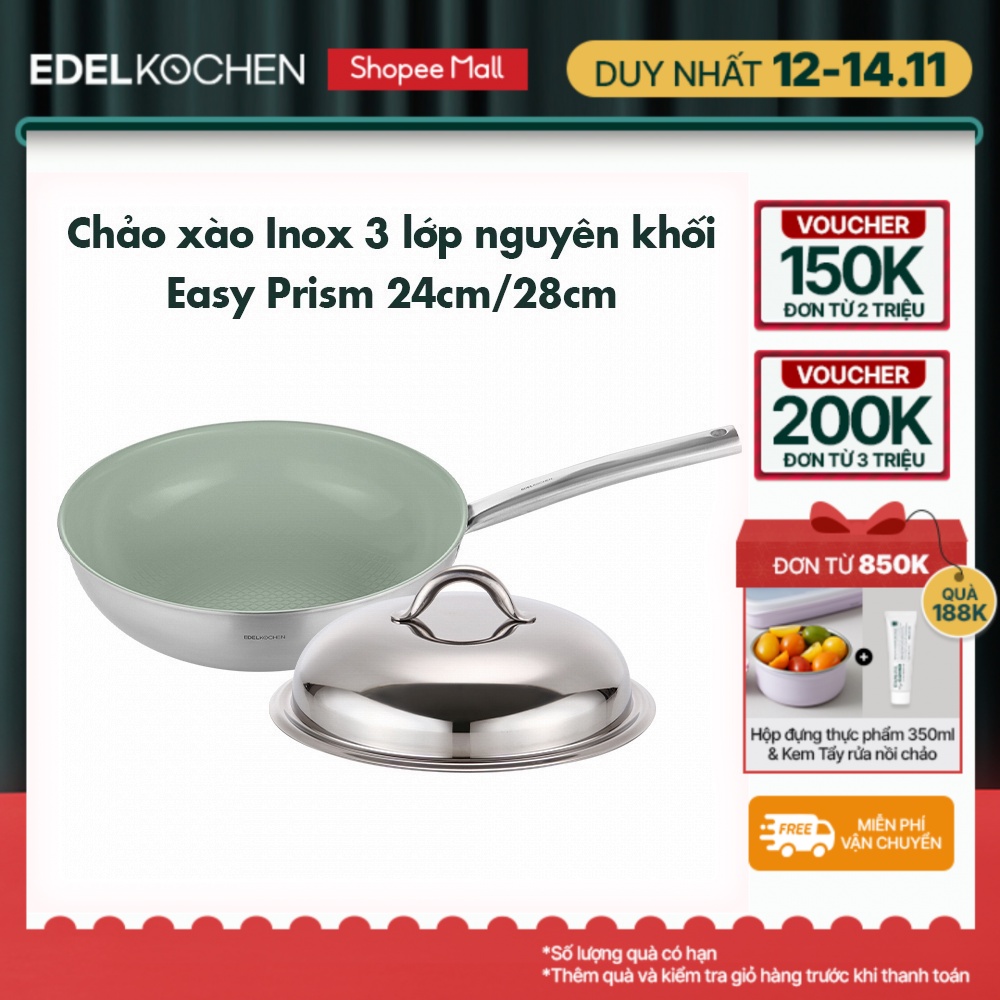 Chảo xào inox 3 lớp nguyên khối, chống dính ceramic Edelkochen Easy Prism Collection 24/28cm – Màu Eco Green