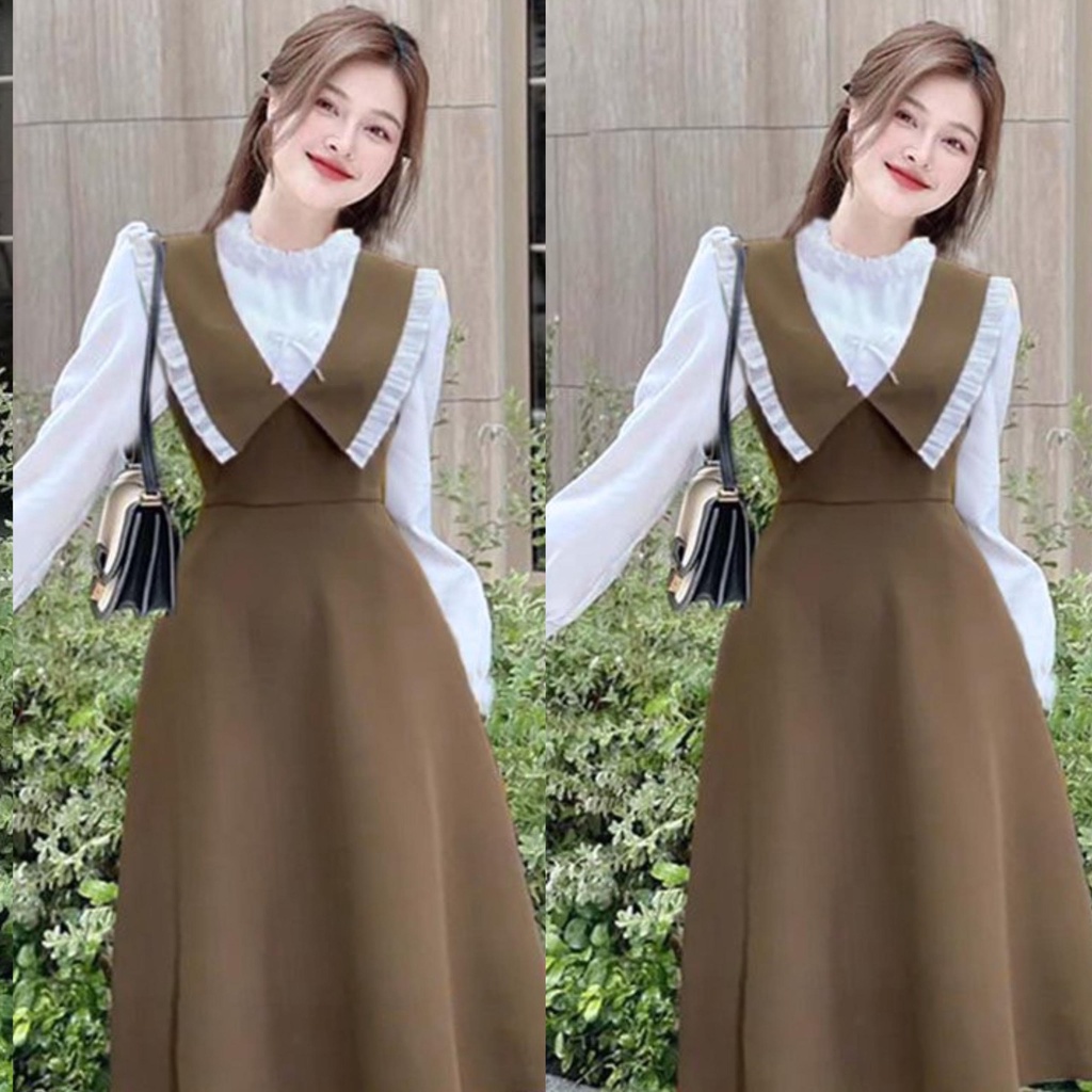 Váy Dự Tay Dài Cổ Bèo Nhọn Vải Cotton Lạnh Phối Lụa Bigsize  50 - 100Kg Dễ Thương Nữ Cotton Dress Đầm Đen