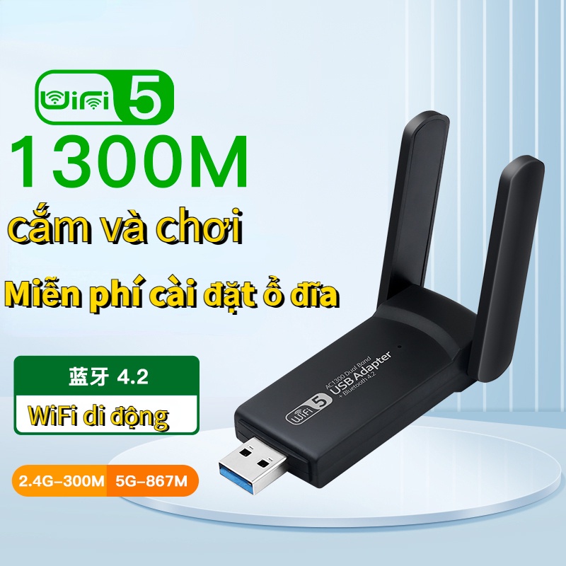 USB WiFi Bluetooth 5.0 - Card WiFi + Râu Dài Giúp Kích Sóng WiFi Lên 5Ghz 1300Mbps Cho Laptop PC Máy Bàn