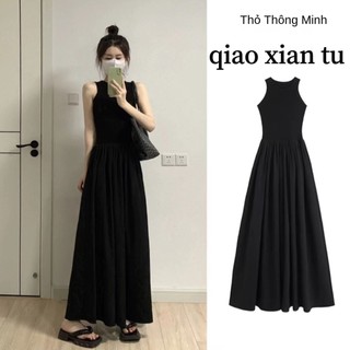 Đầm Đen Hai Dây Mùa Thu 2023 Phong Cách Hoàng Gia Cho Nữ