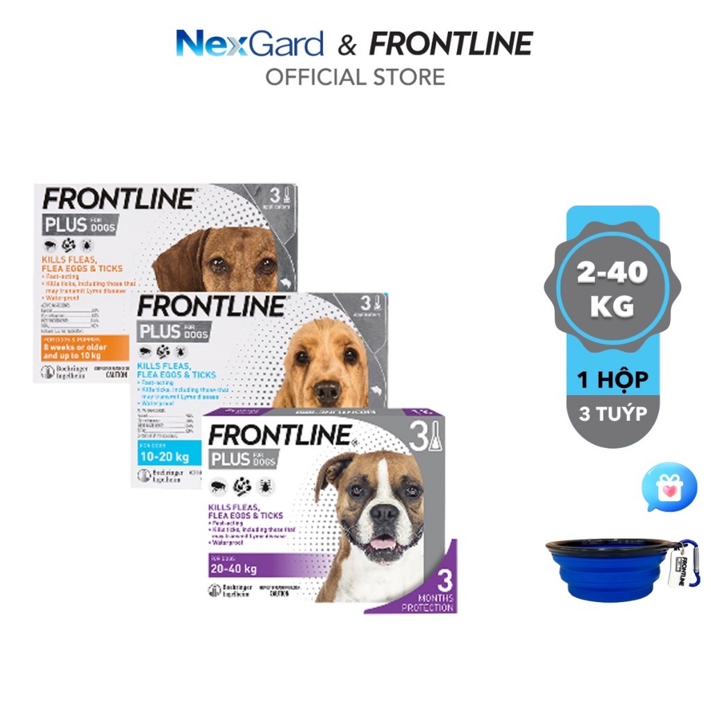 Frontline Plus - Tuýp nhỏ gáy phòng & trị ve, rận, bọ chét (trứng, ấu trùng, con trưởng thành) cho chó - 1 hộp 3 tuýp