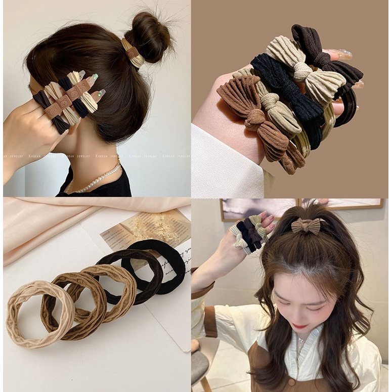 Set 5 thun cột tóc vải gân màu nâu kem đơn giản cổ điển giá rẻ CT28