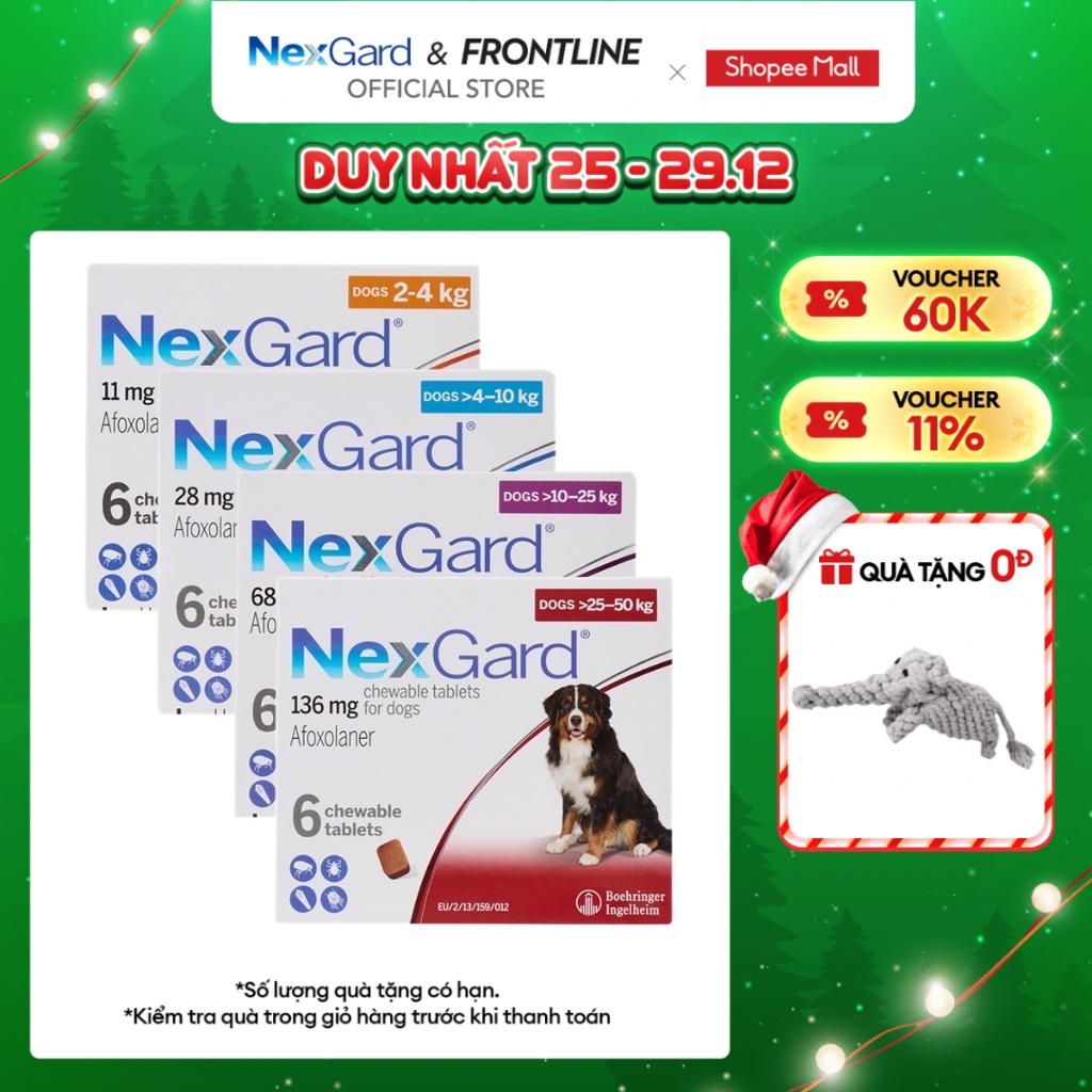 NexGard - Viên nhai phòng & trị ve, rận, bọ chét, ghẻ demodex, sarcoptes dành cho chó từ 2-50kg - 1 hộp 6 viên