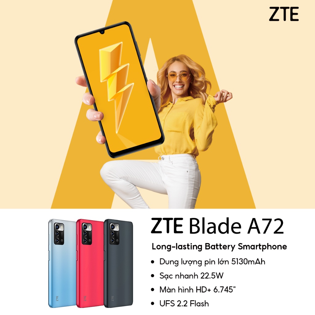 Điện Thoại ZTE Blade A72 | 5GB(3GB+2GB)/128GB | 6.75'' HD+ | 90HZ | 5130mAh - 22.5W | 3 Camera | Hàng Chính Hãng