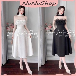 Váy đầm nữ cúp ngực đính hoa lông vũ dáng dài xòe, Đầm tafta phối lông hoa dây cổ ôm eo dáng xòe