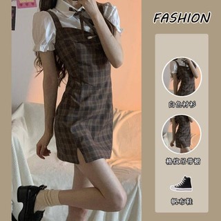 Đầm Tay Phồng Giả Hai Lớp Họa Tiết Sọc Caro Phong Cách Hàn Quốc Thời Trang Mùa Hè Cho Nữ
