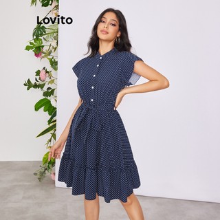 Đầm Lovito phối nút họa tiết chấm bi viền xếp nếp có thắt lưng phong cách thường ngày cho nữ LBE02097 (Xanh dương đậm)