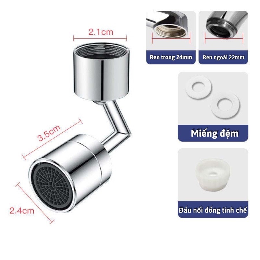 Đầu nối vòi nước tăng áp xoay 720 độ Đồng - Đầu nối vòi tăng áp thông minh- Đầu nối vòi rửa mặt tăng