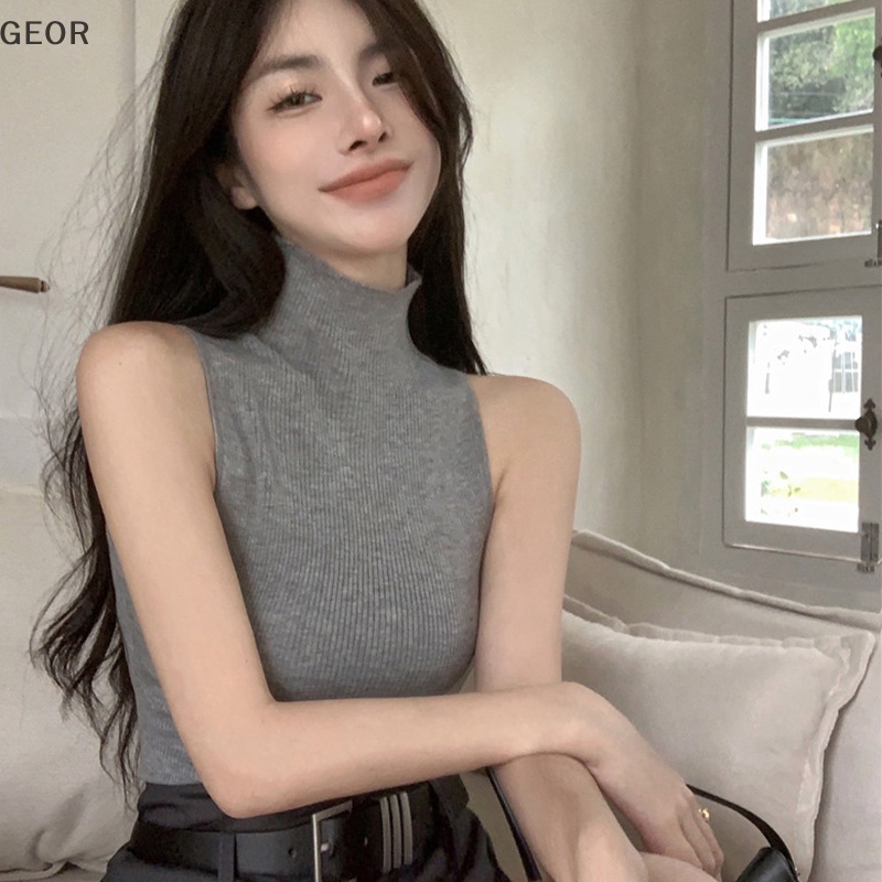 Áo Dệt Kim Sát Nách Cổ Lọ Màu Trơn Thời Trang Mùa Hè Cho Nữ vn