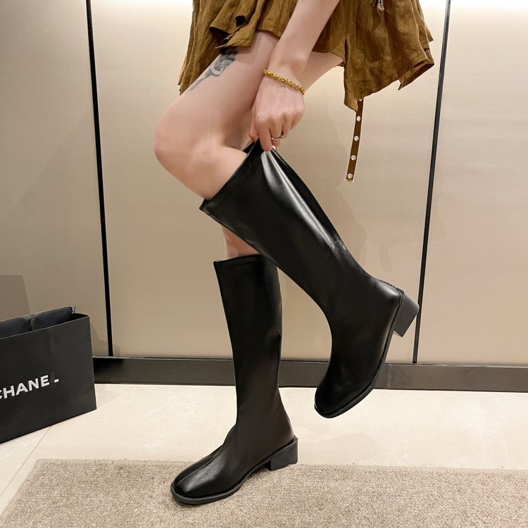 Giày Bốt Da pu Gót Vuông Dày Dặn Co Giãn Màu Trơn Phối Khóa Kéo Sau Kiểu Pháp Thời Trang Xuân Thu Cho Nữ