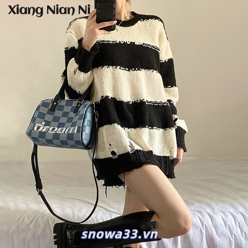 Xiang-ni Áo sweater Mỏng Tay Dài Dáng Rộng Họa Tiết Kẻ Sọc Thời Trang Mùa Thu Sớm Thu Kiểu Lười Cho Nữ