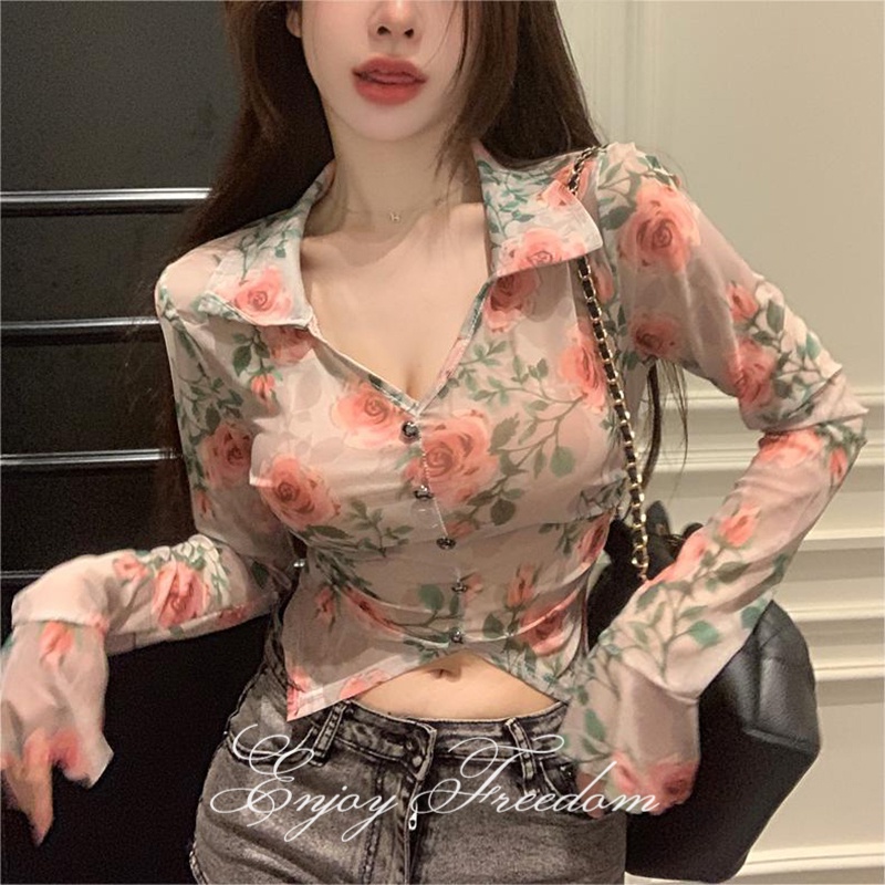 Enjoy freedom Áo Khoác cardigan Ngắn Eo Thon In Họa Tiết Hoa Hồng Cổ Điển hottie