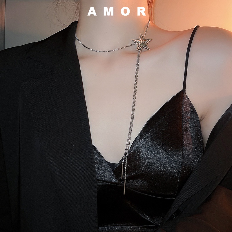 Vòng Cổ choker Dài Bằng Thép Không Gỉ Mặt Ngôi Sao Năm Cánh Phong Cách hip hop