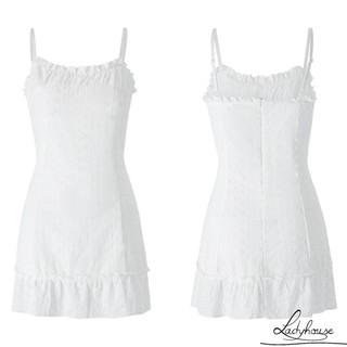 Lady-nữ Ren Mini Đầm Không Tay Spaghetti Dây Buộc Trước Ruffle Hem Đầm Ngắn