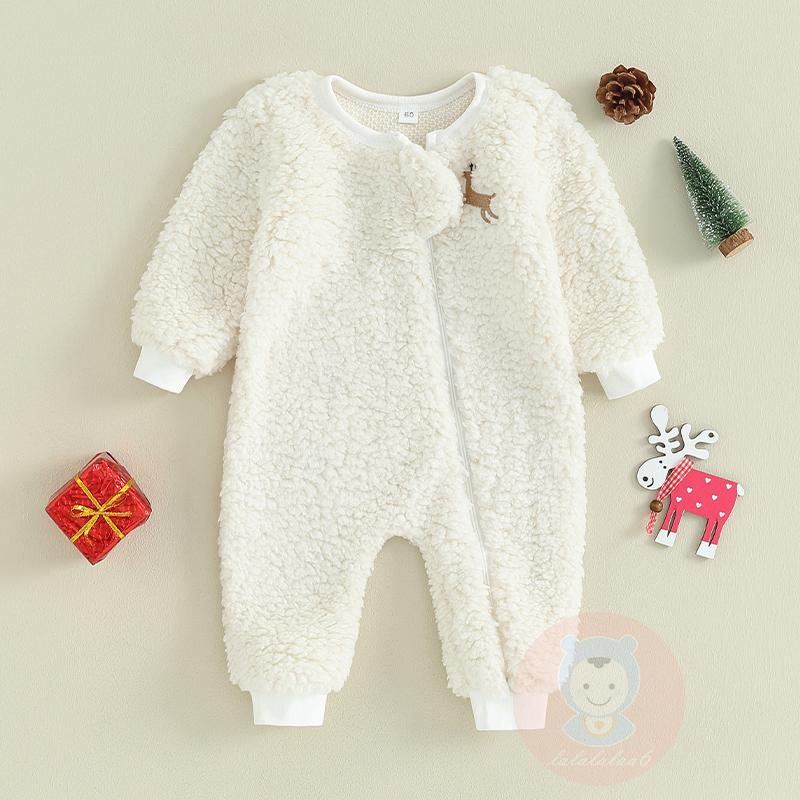 Laa6-baby Áo Liền Quần Dài Tay Cổ Tròn Thêu Hình Hươu Có Khóa Kéo Giáng Sinh
