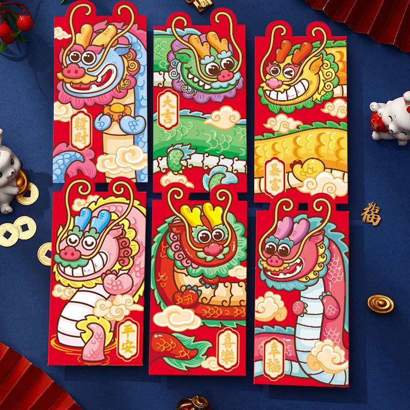 Set 6 Bao Lì Xì Hình Rồng Đỏ May Mắn Cho Năm Mới 2024