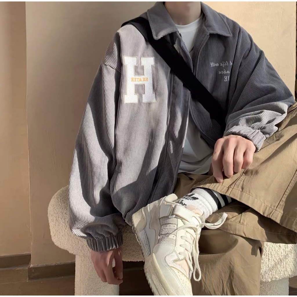 Áo khoác bomber nhung tăm thêu chữ H , phối màu basic đơn giản unisex EB016 Meme