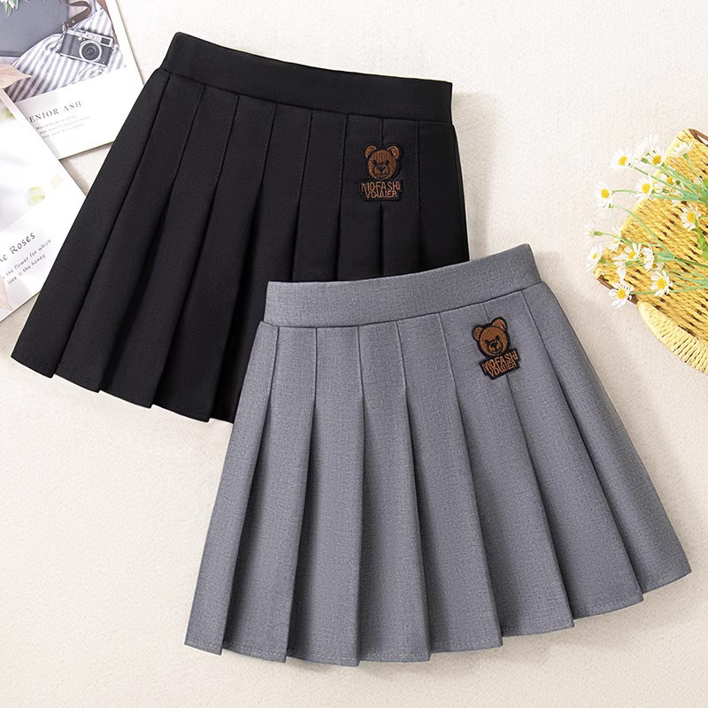 Chân Váy Xếp Ly Màu Trơn In Họa Tiết Hoạt Hình Chú Gấu Dễ Thương Thời Trang Xuân Thu Cho Bé Gái