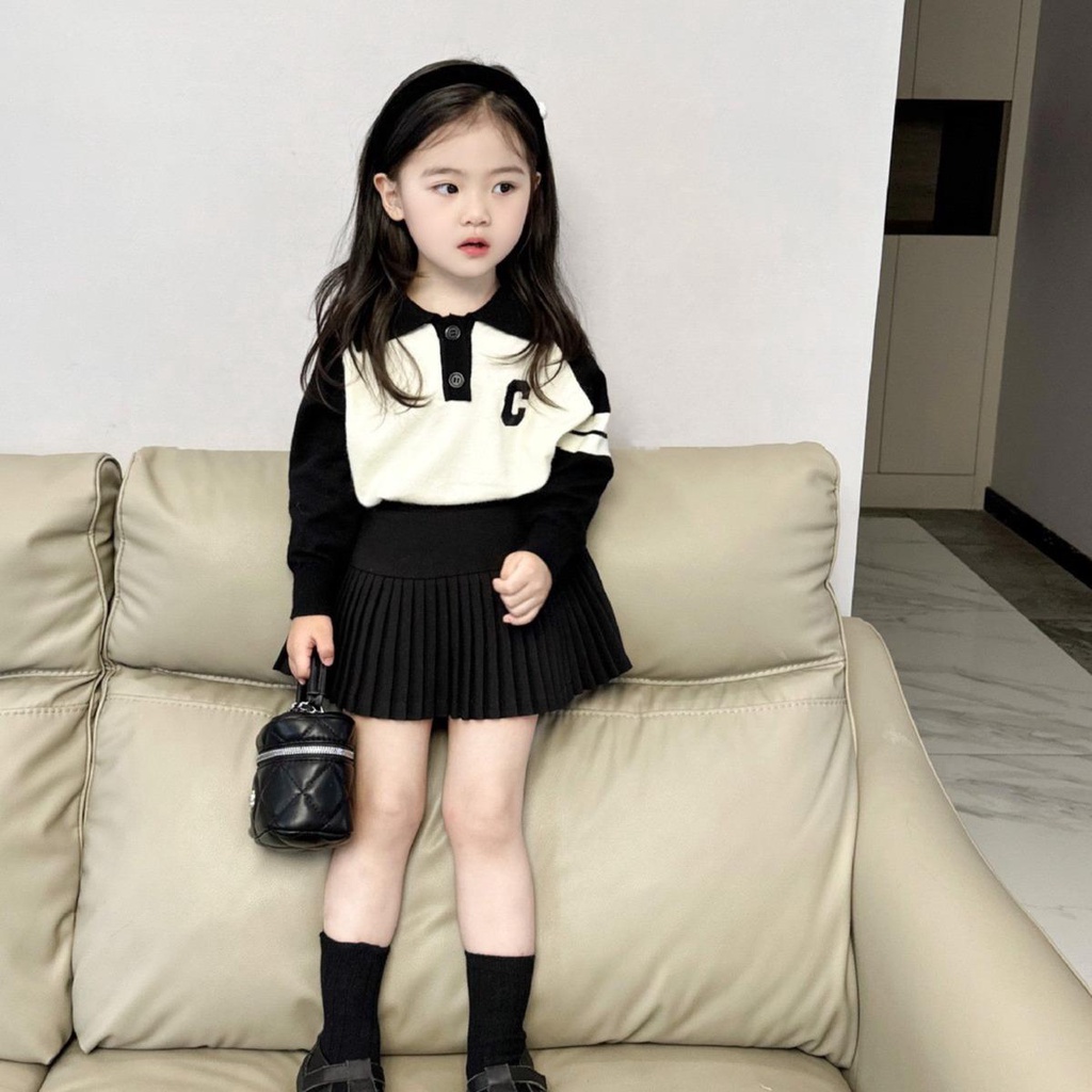 Bộ Áo Cổ Gập Chân Váy Xếp Ly cho bé Gái Phù hơp mùa thu