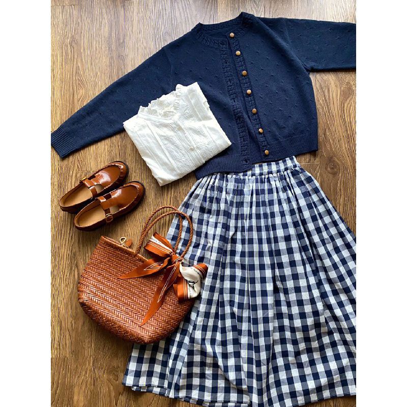 Set Áo Khoác cardigan Dệt Kim + Chân Váy Caro Phong Cách Hàn Quốc Cho Nữ