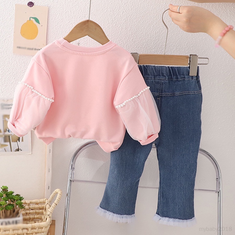 Set Đồ 2 Món Gồm Áo hoodie cotton Tay Phồng Đính Ngọc Trai + Quần Jean Lưng Thun Cho Bé Gái