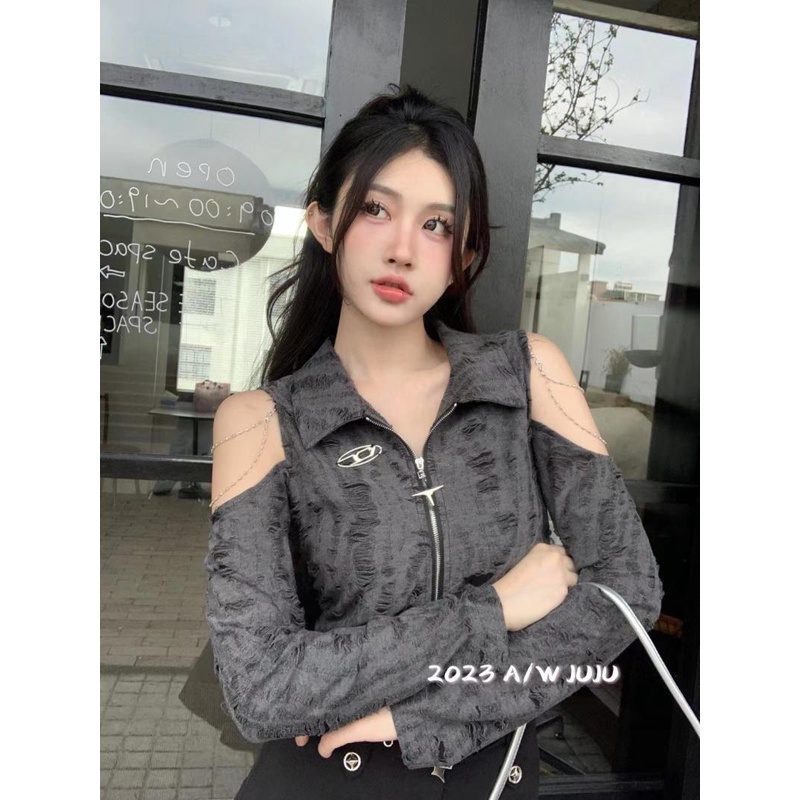 Áo Khoác cardigan Tay Dài Hở Vai Có Khóa Kéo Phong Cách Mới Mùa Thu 2023 Chải kfcy
