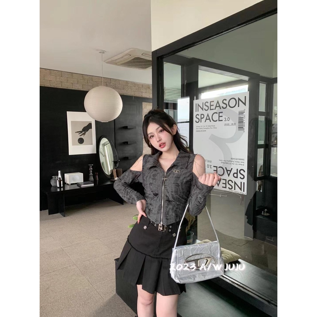 Áo Khoác cardigan Tay Dài Hở Vai Có Khóa Kéo Phong Cách Mới Mùa Thu 2023 Chải kfcy