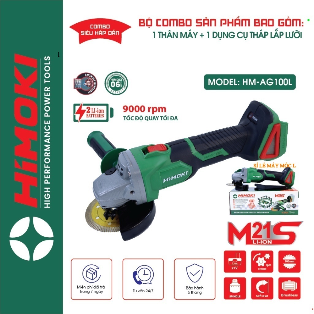 HIMOKI Máy mài pin Himoki HM-AG100L Không chổi than - Máy cắt cầm tay chạy pin HIMOKI ĐL ..../