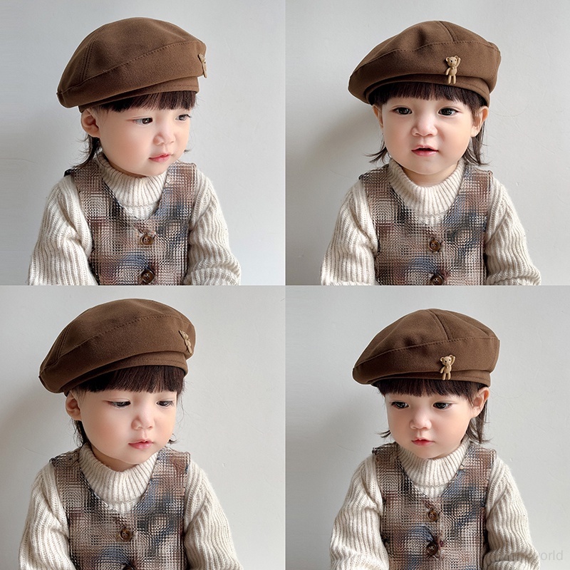 Mũ beret Màu Trơn In Họa Tiết Gấu Hoạt Hình Phong Cách Hàn Quốc Cho Bé Gái