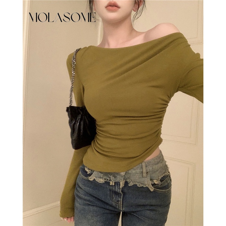Polaroisome Áo Thun Tay Dài Hở Vai Màu Trơn Thời Trang Mới 2023 Dành Cho Bạn Nữ