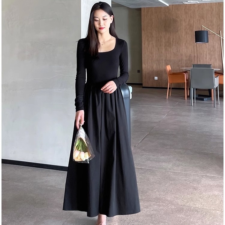 Đầm Xòe Chữ a Tay Dài Cổ Vuông Eo Cao Có Túi Phong Cách Pháp