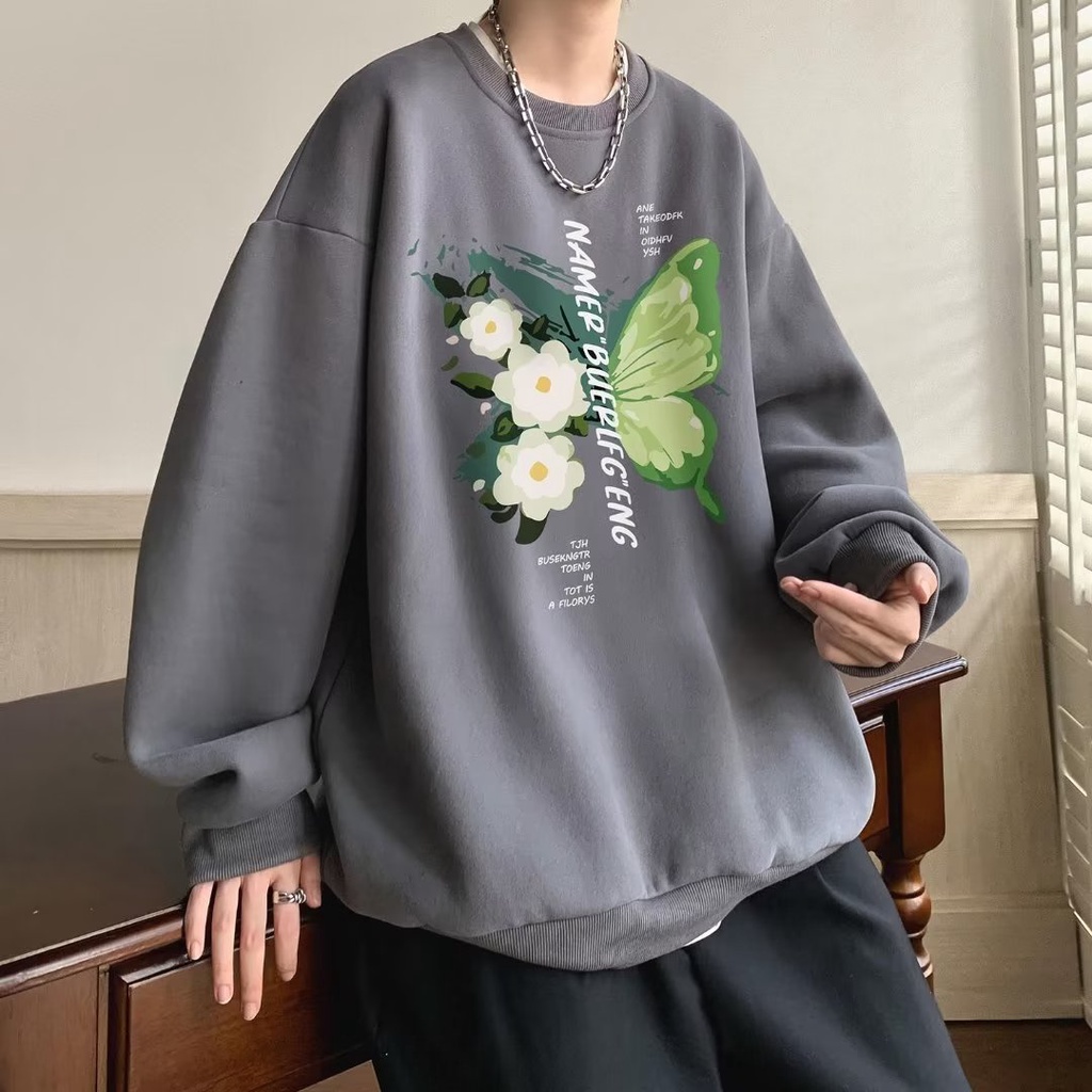 Áo Sweater cotton Tay Dài Dáng Rộng In Họa Tiết Hoa & Bướm Phong Cách Mỹ Cổ Điển Thời Trang Cho Nam Và Nữ size m-5xl
