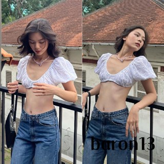 Áo crop top nữ cổ tròn thêu ren rỗng tay ngắn