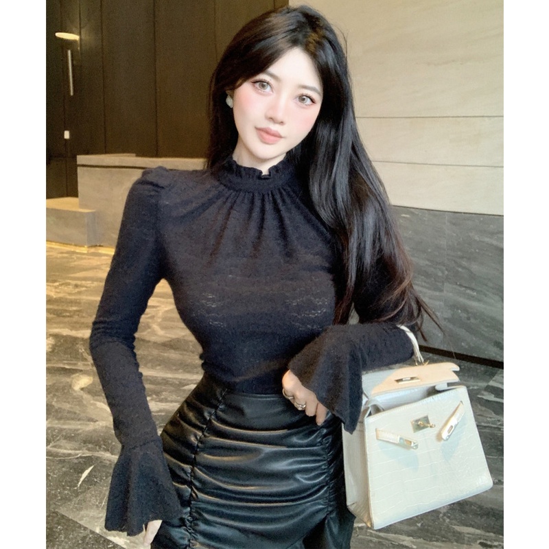 Áo Thun Cổ Cao Tay Loe Ôm Dáng Phối Ren Thời Trang Cho Nữ