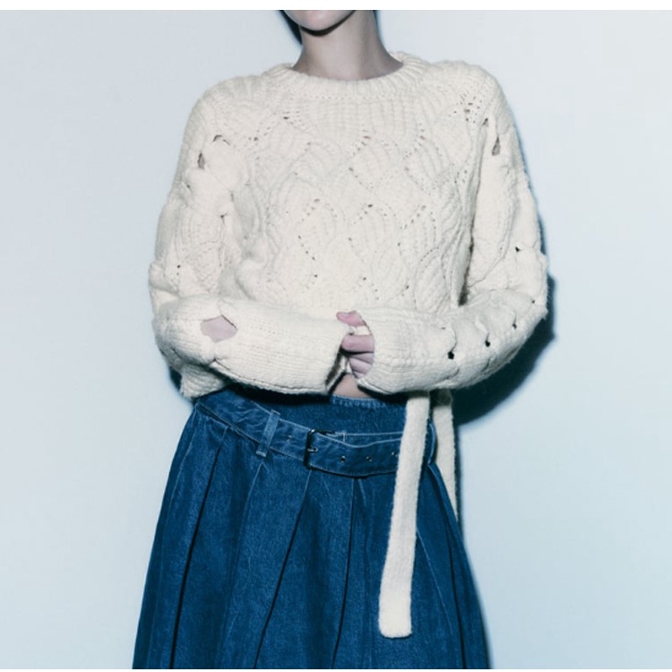 Zara Áo sweater Dệt Kim Tay Dài Cổ Tròn Phối Nơ Thời Trang Thu Đông Cá Tính3859110