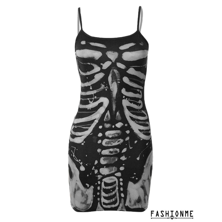 Đầm Body Hai Dây Họa Tiết Xương Người Hóa Trang halloween Cho Nữ