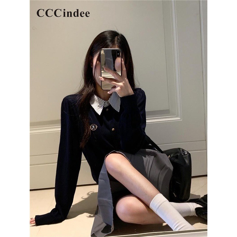 Cccindee Áo Khoác cardigan Tay Dài Cổ Bẻ Dáng Ôm Màu Tương Phản Thời Trang 2023 Dành Cho Bạn Nữ