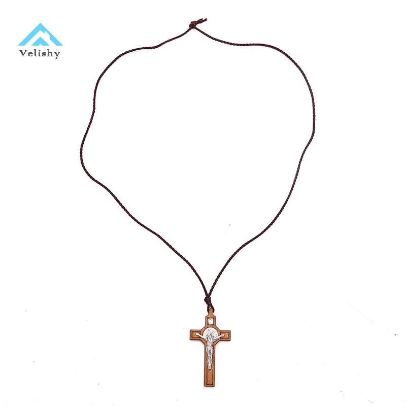 Velish Vòng cổ Mặt Gỗ Hình Thánh Giá Phong Cách retro
