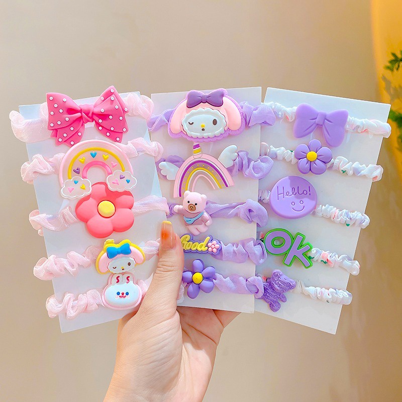 Set 5 Dây Buộc Tóc Cao Su Co Giãn Đính Nơ Kiểu Hàn Quốc Dễ Thương Không Đau Cho Bé Gái