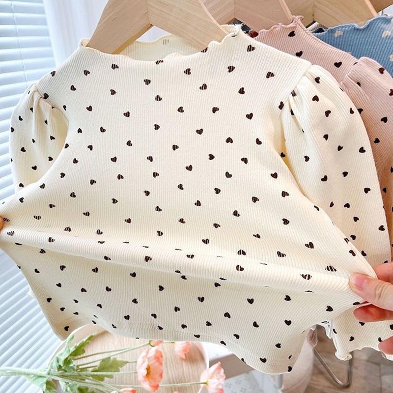 Áo Thun cotton Tay Phồng Dài Cổ Cao In Họa Tiết Trái Tim Thời Trang Xuân Thu Cho Bé Gái 3-7 Tuổi