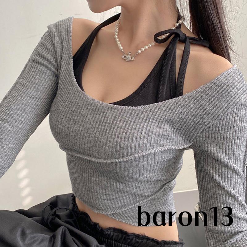 Áo Thun crop Top Tay Dài Cổ Yếm Ôm Dáng Phối Màu Tương Phản Thời Trang Cho Nữ xo8k