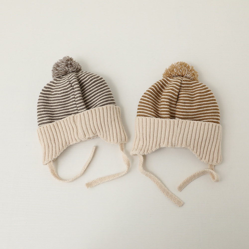 Mũ Len Dệt Kim Giữ Ấm Tai Họa Tiết Kẻ Sọc Đính Quả Bông Dễ Thương Thời Trang Thu Đông Cho Bé