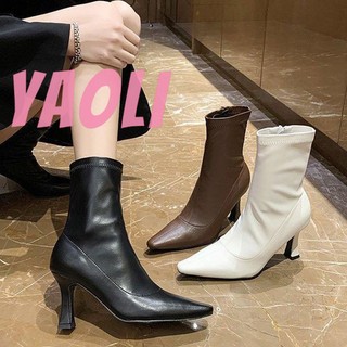 Aoni giày bốt da cao gót mũi nhọn thời trang thu đông cho nữ