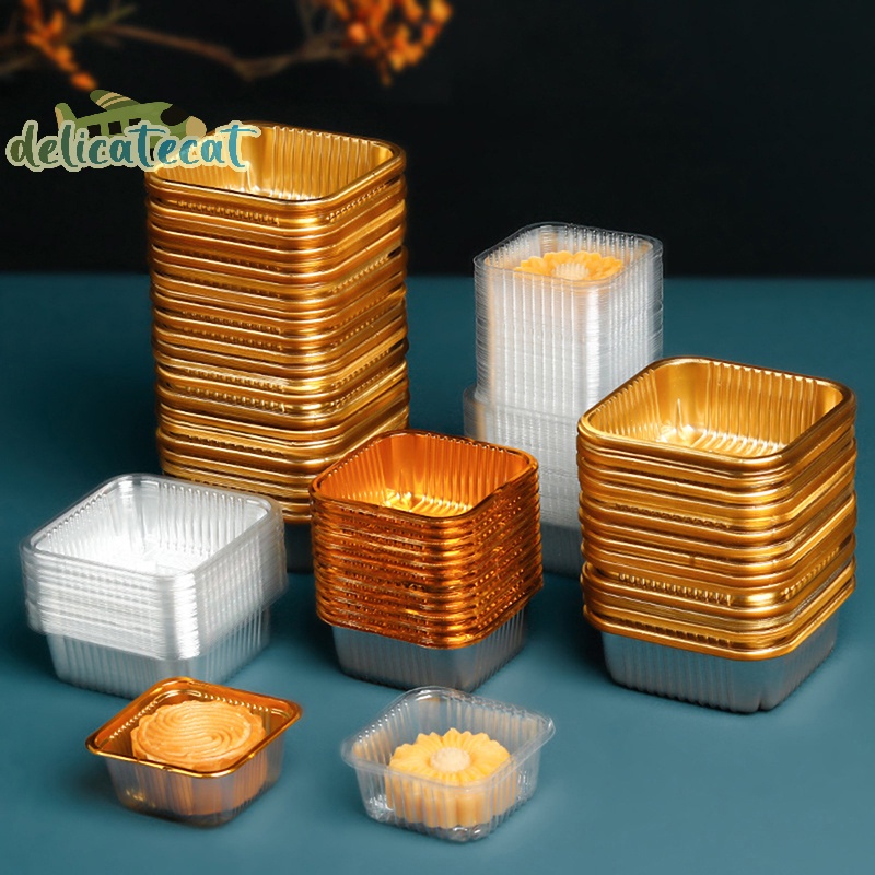 Set 100 Khay Đựng Bánh Trung Thu Hình Vuông Bằng Nhựa Màu Vàng Kèm Nắp Đậy Tiện Dụng