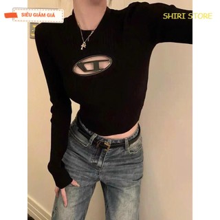 Áo croptop thun gân tay dài logo chữ D