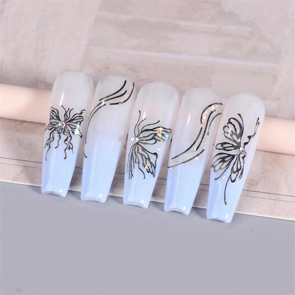 ♕ Nail Art Butterfly Nail Sticker Màu đen và trắng Laser lỏng hình con bướm cong Ngôi sao lấp lánh mịn Nhãn dán trang trí móng tay Công cụ làm móng tay cho cửa hàng làm móng NỘI THẤT