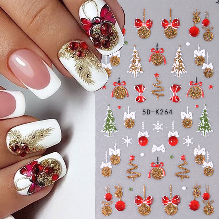 Miếng Dán Trang Trí Móng Tay 5d Màu Vàng Kim Lấp Lánh Hình Cây Thông Giáng Sinh / Hoa Tuyết / Gấu Nổi Bật