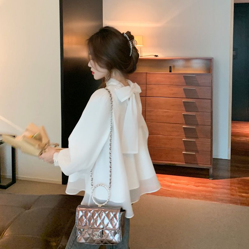 Áo Sơ Mi Voan Tay Phồng Phối Nơ Xinh Xắn Dành Cho Nữ